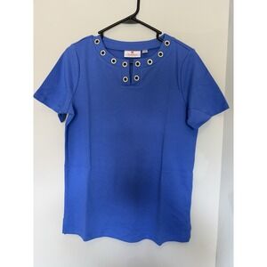 Quacker Factory Women's XS Short Sleeve Shirt Periwinkle Blue NEW QVC Bling Neck
